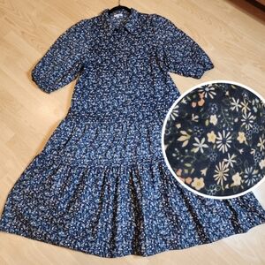 Calista Drop Waist Button Tiered Midi Tea Blue Floral 3/4 Sleeve Dress Sz Large